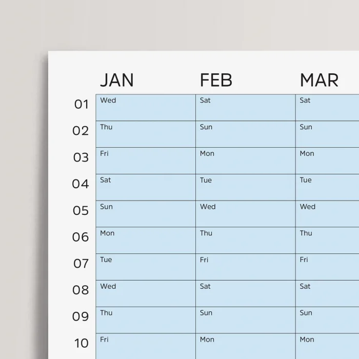 2025 Yıllık Takvim Planlayıcı, Planlayıcı Duvar Takvimi, Yatay, Pastel Mavi Renk