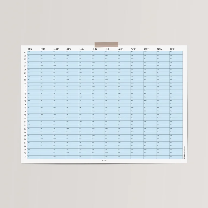 2025 Yıllık Takvim Planlayıcı, Planlayıcı Duvar Takvimi, Yatay, Pastel Mavi Renk