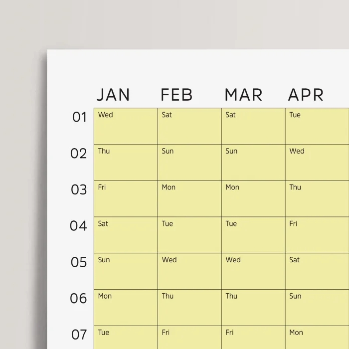 2025 Yıllık Takvim Planlayıcı, Planlayıcı Duvar Takvimi, Pastel Sarı Renk