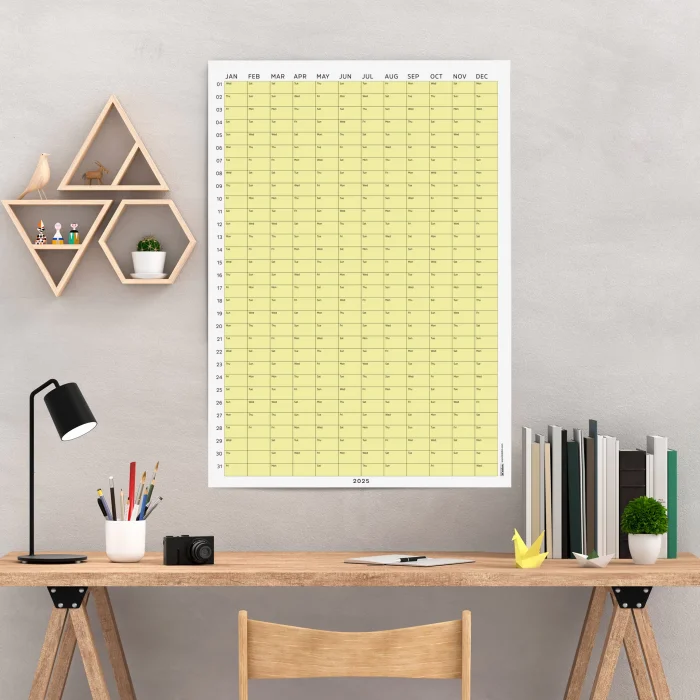 2025 Yıllık Takvim Planlayıcı, Planlayıcı Duvar Takvimi, Pastel Sarı Renk