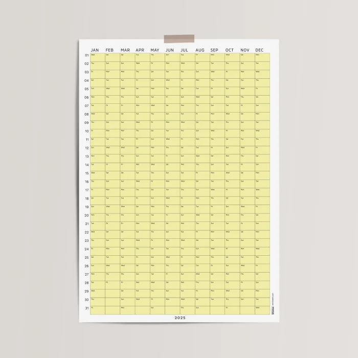 2025 Yıllık Takvim Planlayıcı, Planlayıcı Duvar Takvimi, Pastel Sarı Renk