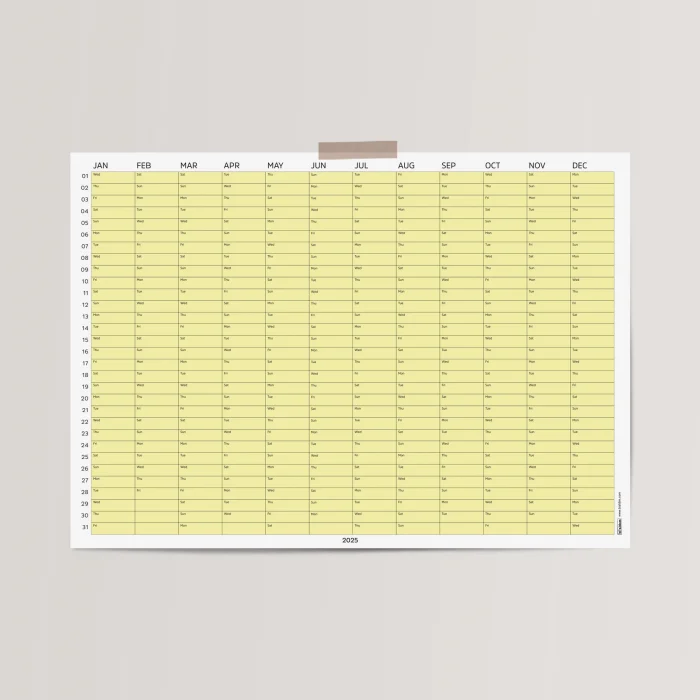 2025 Yıllık Takvim Planlayıcı, Planlayıcı Duvar Takvimi, Yatay, Pastel Sarı Renk