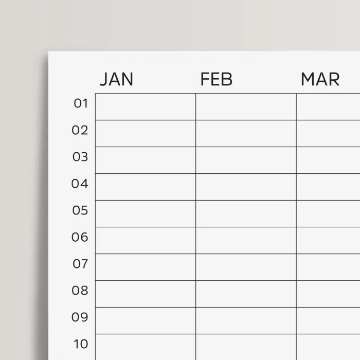 Zamansız Yıllık Planlayıcı Takvim, Sürekli Takvim, Tarihsiz Yıllık Planlayıcı Duvar Takvimi, Yatay Planlayıcı
