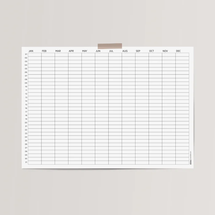 Zamansız Yıllık Planlayıcı Takvim, Sürekli Takvim, Tarihsiz Yıllık Planlayıcı Duvar Takvimi, Yatay Planlayıcı