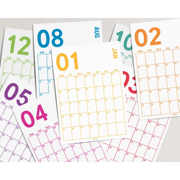 2025 Aylık Planlayıcı Duvar Takvimi, 33X48 cm & A4 Poster Takvim, Organizer Takvim, Gökkuşağı Renkleri