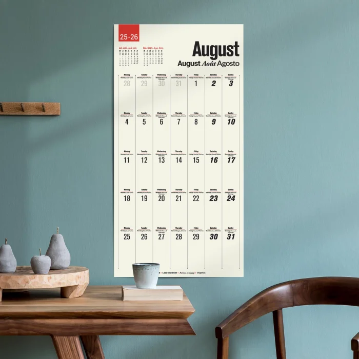 2025-2026 Çok Dilli Akademik Takvim, Ağustos Başlangıçlı Takvim, Yıl Ortası Takvimi, Planlayıcı Duvar Takvimi, İngilizce, Almanca, Fransızca, İspanyolca Takvim, Eğitici Takvim, Önceki ve Sonraki Ay Takvim, 33x65 cm