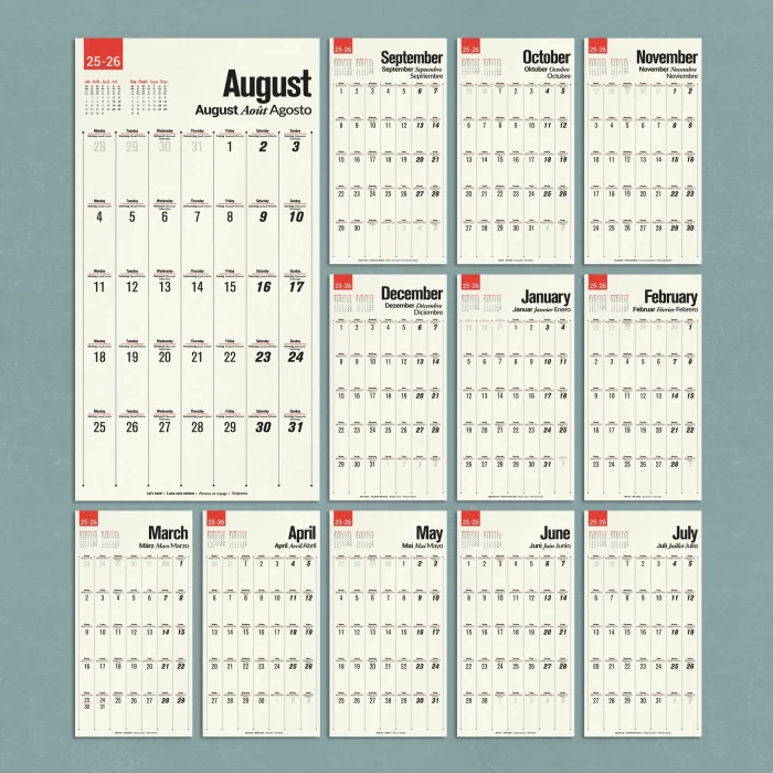 2025-2026 Çok Dilli Akademik Takvim, Ağustos Başlangıçlı Takvim, Yıl Ortası Takvimi, Planlayıcı Duvar Takvimi, İngilizce, Almanca, Fransızca, İspanyolca Takvim, Eğitici Takvim, Önceki ve Sonraki Ay Takvim, 33x65 cm
