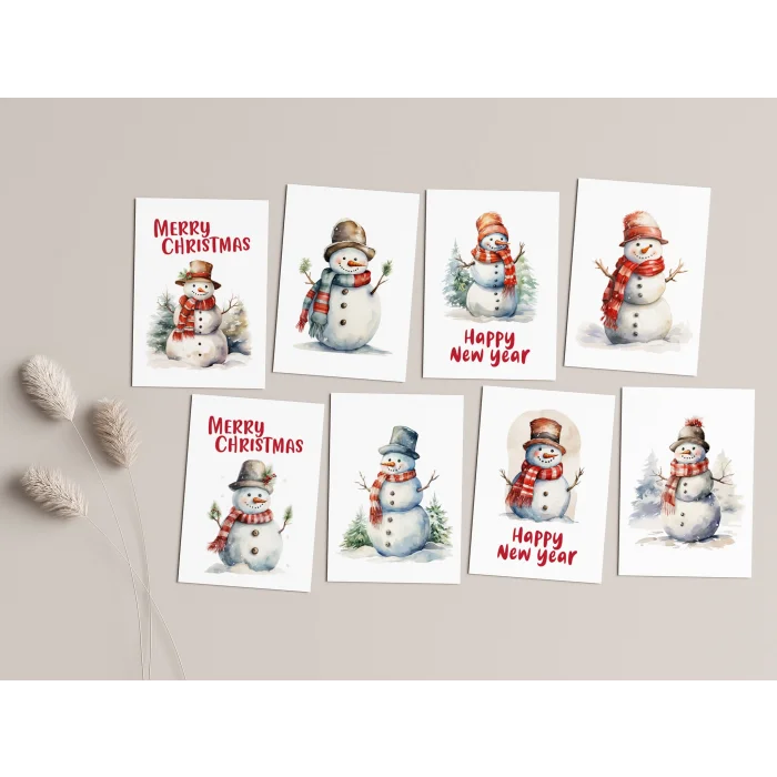 8’li Kardan Adam Kartpostal Seti, Mutlu Yıllar Kartı, Yeni Yıl Kartı, Yılbaşı Kartı