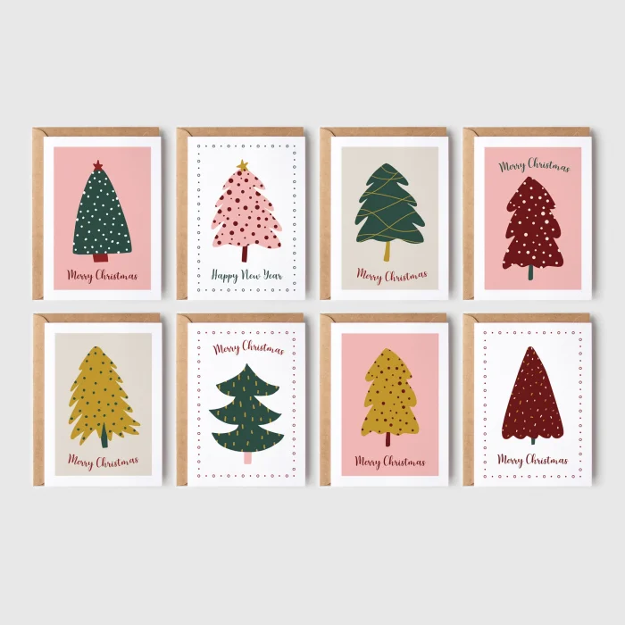 8’li Yılbaşı Ağaçlı Kartpostal Seti, Mutlu Yıllar Kartı, Yeni Yıl Kartları