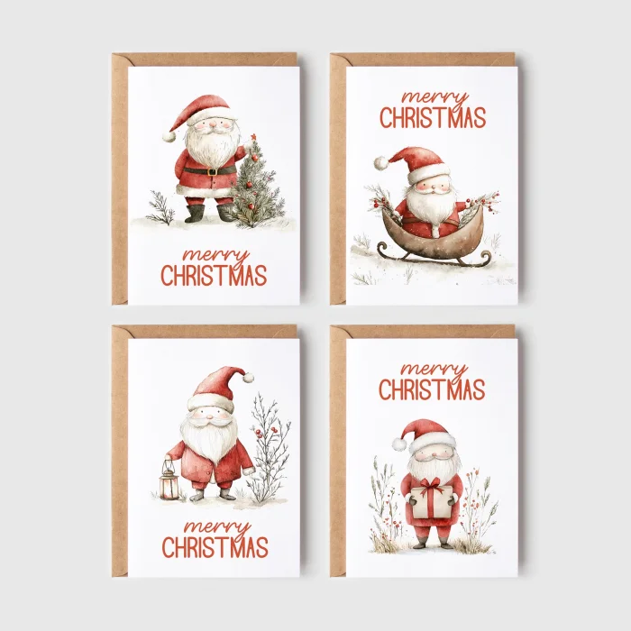 8’li Yılbaşı Noel Baba Kartpostal Seti, Mutlu Yıllar Kartı, Yeni Yıl Kartları
