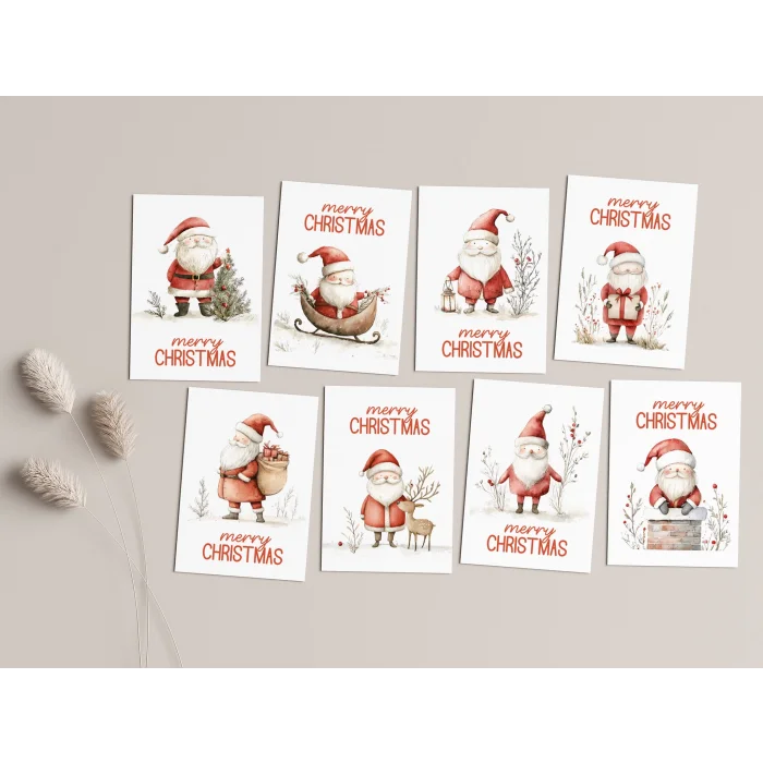 8’li Yılbaşı Noel Baba Kartpostal Seti, Mutlu Yıllar Kartı, Yeni Yıl Kartları