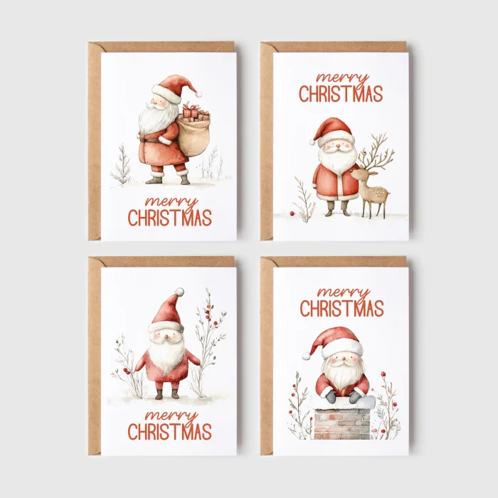 8’li Yılbaşı Noel Baba Kartpostal Seti, Mutlu Yıllar Kartı, Yeni Yıl Kartları