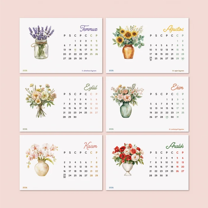 Ahşap Ayaklı Çiçekli 2026 Masa Takvimi – Mevsim Çiçekleri İllüstrasyonlu Takvim