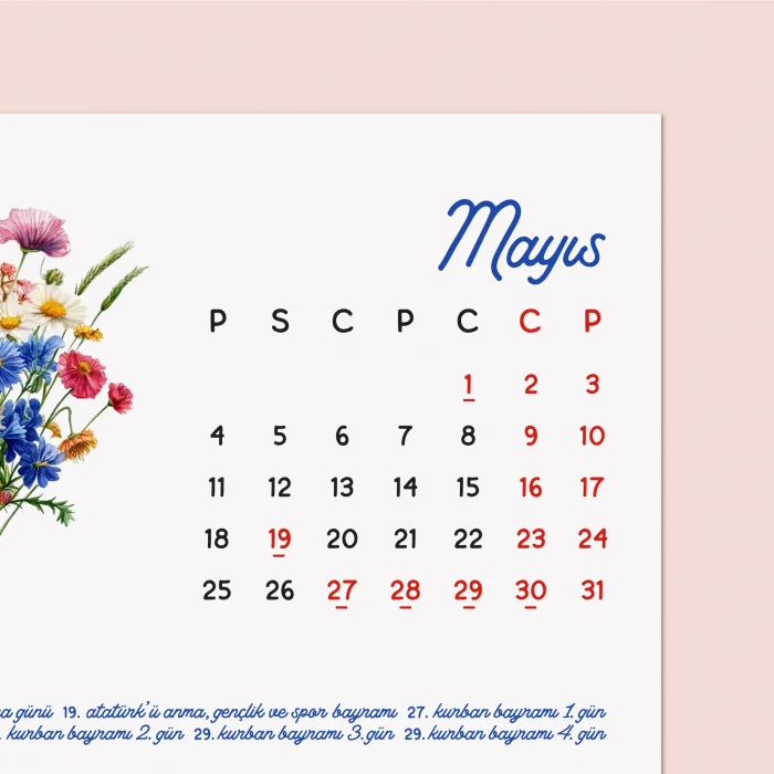 Ahşap Ayaklı Çiçekli 2026 Masa Takvimi – Mevsim Çiçekleri İllüstrasyonlu Takvim
