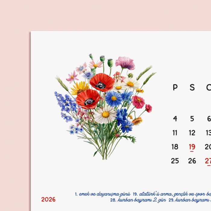 Ahşap Ayaklı Çiçekli 2026 Masa Takvimi – Mevsim Çiçekleri İllüstrasyonlu Takvim