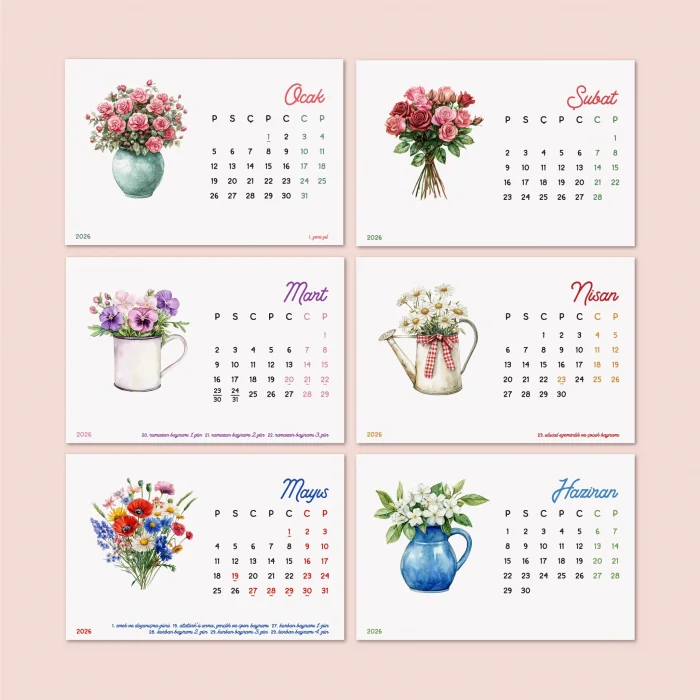 Ahşap Ayaklı Çiçekli 2026 Masa Takvimi – Mevsim Çiçekleri İllüstrasyonlu Takvim