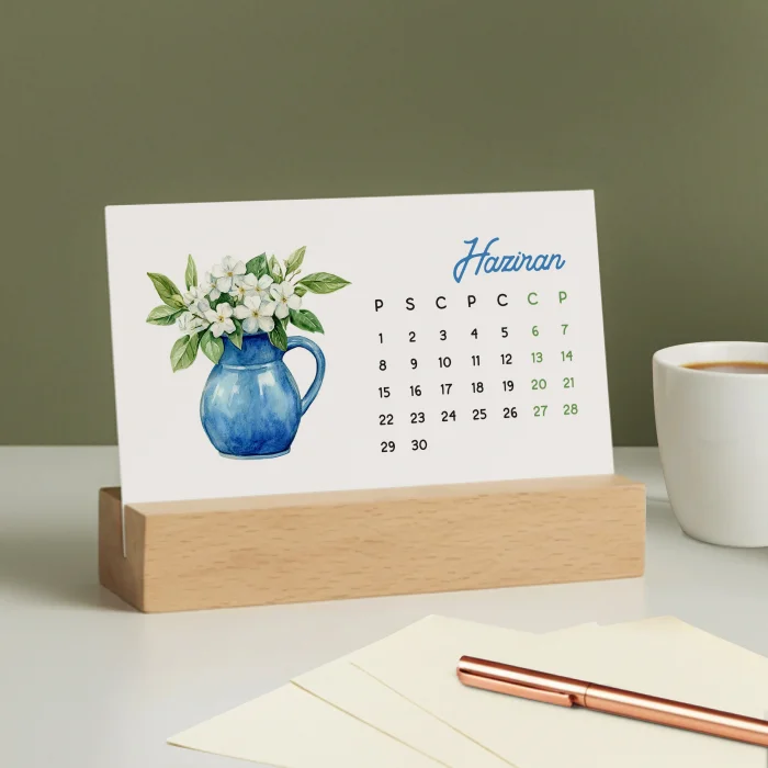 Ahşap Ayaklı Çiçekli 2026 Masa Takvimi – Mevsim Çiçekleri İllüstrasyonlu Takvim