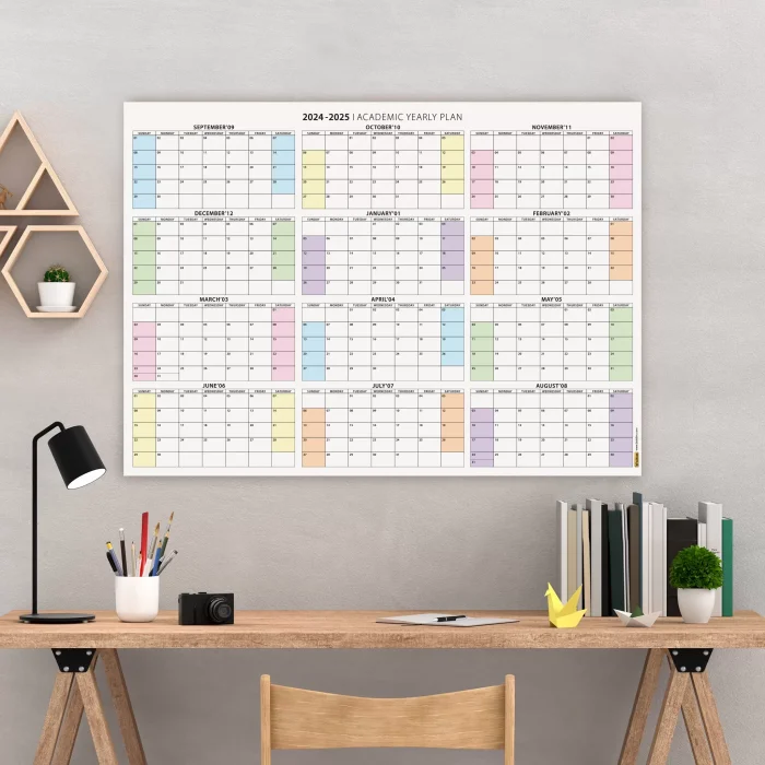 Amerikan Standardı 2025 -2026 Akademik Duvar Takvimi, Eylül Başlangıçlı, PAZAR Günü Başlangıçlı, United States Calendar, Gökkuşağı Renkler