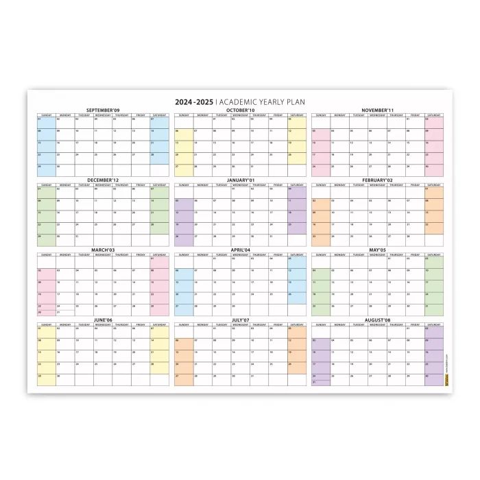 Amerikan Standardı 2025 -2026 Akademik Duvar Takvimi, Eylül Başlangıçlı, PAZAR Günü Başlangıçlı, United States Calendar, Gökkuşağı Renkler