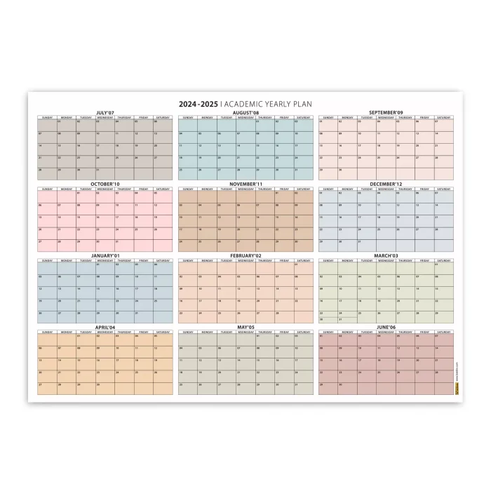 Amerikan Standardı 2025 -2026 Akademik Duvar Takvimi, TEMMUZ Başlangıçlı, PAZAR Günü Başlangıçlı 2025 -2026 Akademik Takvimi