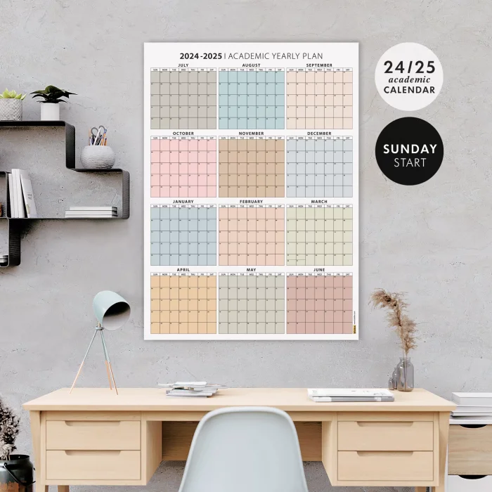 Amerikan Standardı 2025 -2026 Akademik Duvar Takvimi, TEMMUZ Başlangıçlı, PAZAR Günü Başlangıçlı