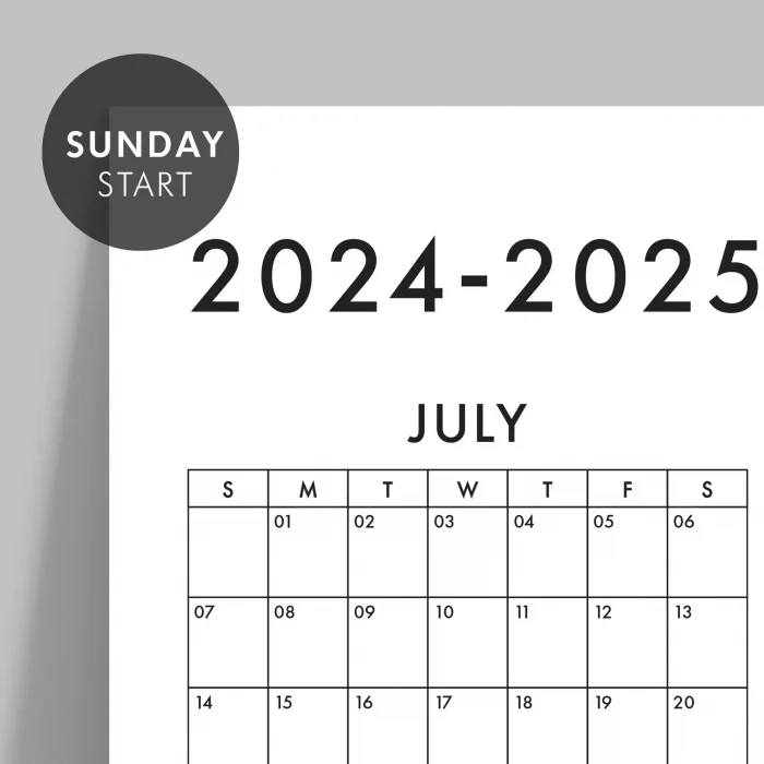 Amerikan Standardı 2025 -2026 Akademik Duvar Takvimi, TEMMUZ Başlangıçlı, PAZAR Günü Başlangıçlı