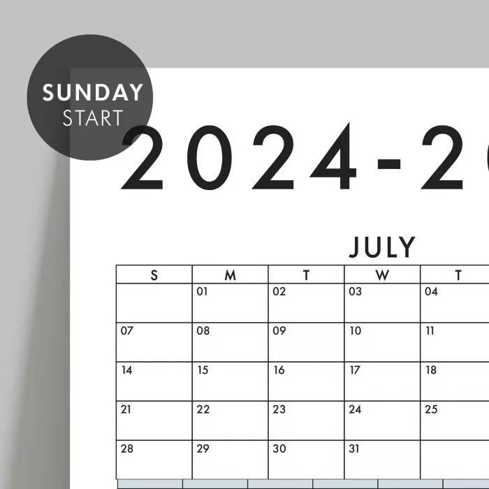 Amerikan Standardı 2025 -2026 Akademik Duvar Takvimi, TEMMUZ Başlangıçlı, PAZAR Günü Başlangıçlı