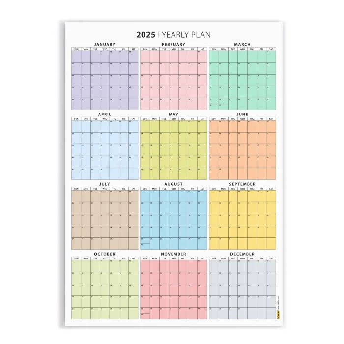 Amerikan Standardı 2025 Yıllık Planlayıcı Duvar Takvimi, Rengarenk, United States Calendar, Colourful Pastel