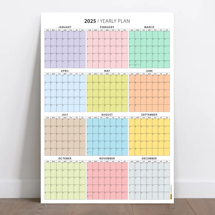 Amerikan Standardı 2025 Yıllık Planlayıcı Duvar Takvimi, Rengarenk, United States Calendar, Colourful Pastel