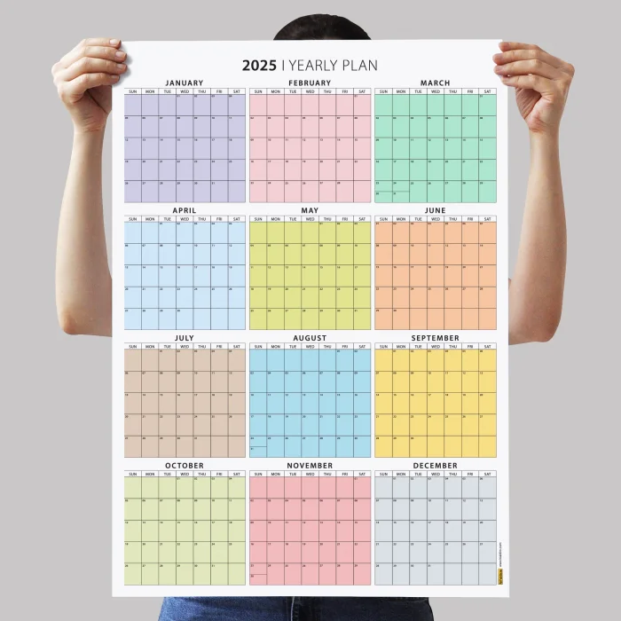 Amerikan Standardı 2025 Yıllık Planlayıcı Duvar Takvimi, Rengarenk, United States Calendar, Colourful Pastel