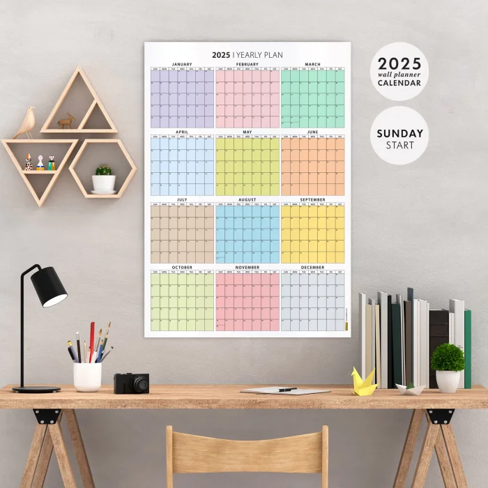 Amerikan Standardı 2025 Yıllık Planlayıcı Duvar Takvimi, Rengarenk, United States Calendar, Colourful Pastel