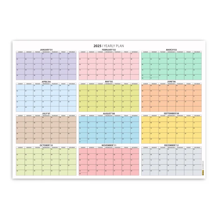 Amerikan Standardı 2025 Yıllık Planlayıcı Duvar Takvimi, Rengarenk, United States Calendar, Colourful Pastel, Horizontal Wall Calendar