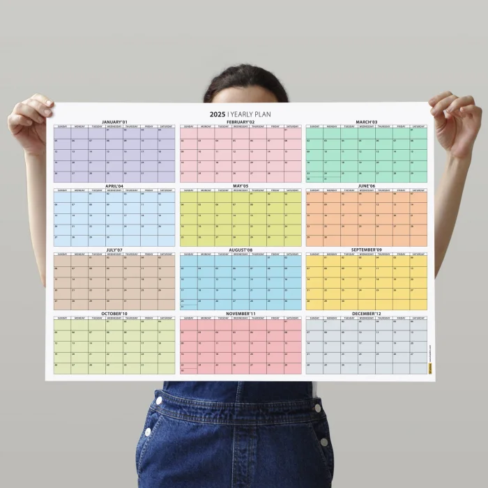 Amerikan Standardı 2025 Yıllık Planlayıcı Duvar Takvimi, Rengarenk, United States Calendar, Colourful Pastel, Horizontal Wall Calendar