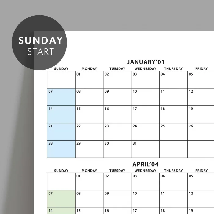 Amerikan Standardı 2025 Yıllık Planlayıcı Takvim, Pazar Başlangıç 2025 Takvim