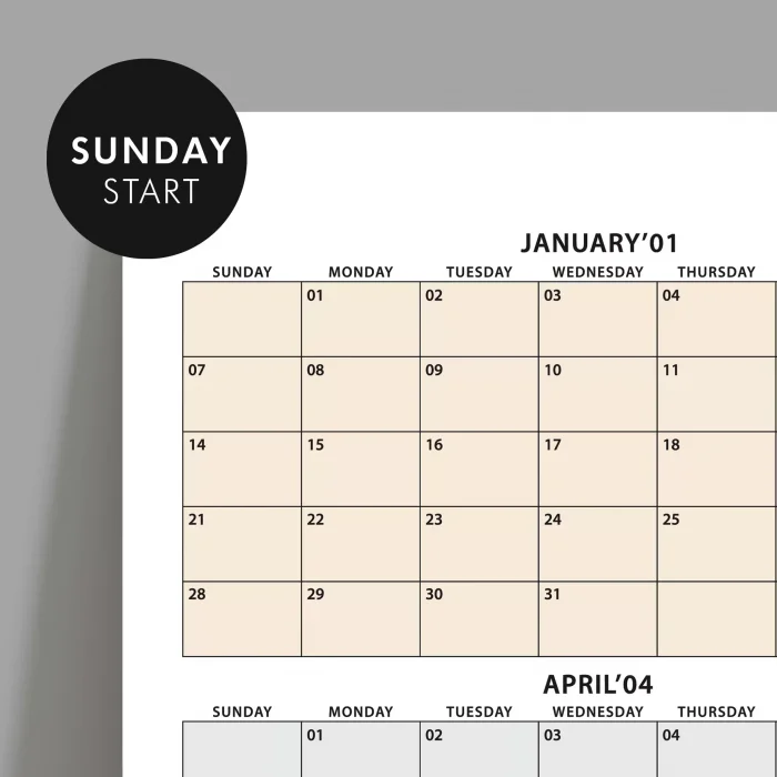 Amerikan Standardı 2025 Yıllık Planlayıcı Takvim, Pazar Başlangıç 2025 Takvim