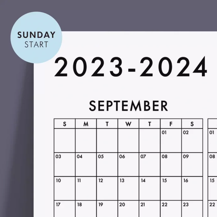 Amerikan Standardı 2026-2027 Akademik Duvar Takvimi, Eylül Başlangıç Akademik Planlayıcısı, Sunday Start