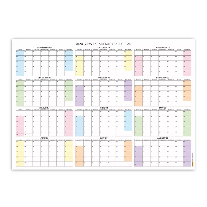 Amerikan Standardı 2026 -2027 Akademik Duvar Takvimi, Eylül Başlangıçlı, PAZAR Günü Başlangıçlı, United States Calendar, Gökkuşağı Renkler