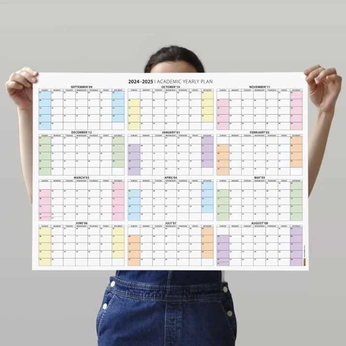 Amerikan Standardı 2026 -2027 Akademik Duvar Takvimi, Eylül Başlangıçlı, PAZAR Günü Başlangıçlı, United States Calendar, Gökkuşağı Renkler