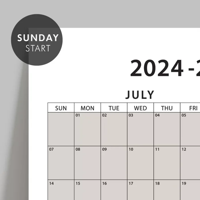 Amerikan Standardı 2026 -2027 Akademik Duvar Takvimi, TEMMUZ Başlangıçlı, PAZAR Günü Başlangıçlı