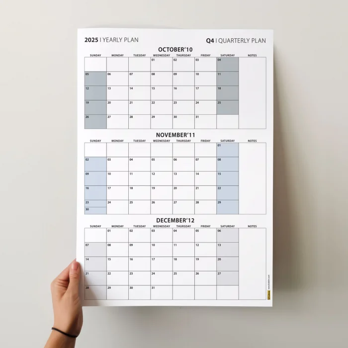 Amerikan Standardı Takvim, Üç Aylık Planlayıcı 2025 Duvar Takvimi, Ekim - Aralık 2025, 90 Günlük Planlama, Yılın Dördüncü Çeyreği Takvimi, Gri Takvim, Pazar Günü Başlangıçlı Takvim - 50x70cm