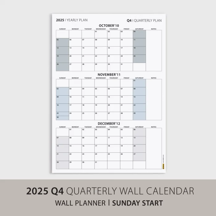 Amerikan Standardı Takvim, Üç Aylık Planlayıcı 2025 Duvar Takvimi, Ekim - Aralık 2025, 90 Günlük Planlama, Yılın Dördüncü Çeyreği Takvimi, Gri Takvim, Pazar Günü Başlangıçlı Takvim - 70x100cm