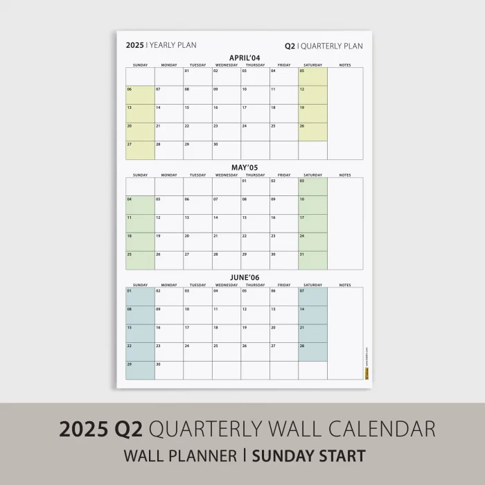 Amerikan Standardı Takvim, Üç Aylık Planlayıcı 2025 Duvar Takvimi, Nisan - Haziran 2025, 90 Günlük Planlama, Yılın İkinci Çeyreği Takvimi, Yeşil Takvim, Pazar Günü Başlangıçlı Takvim - 35x50cm