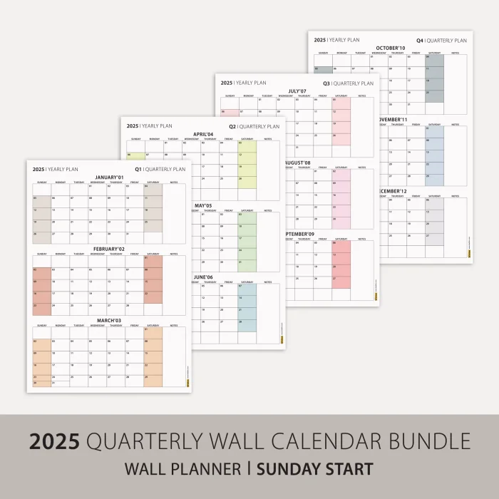 Amerikan Standardı Takvim, Üç Aylık Planlayıcı 2025 Duvar Takvimi Seti, 90 Günlük Planlama, 2025 Duvar Planlayıcı Takvim, Pazar Günü Başlangıçlı Takvim - 35x50cm