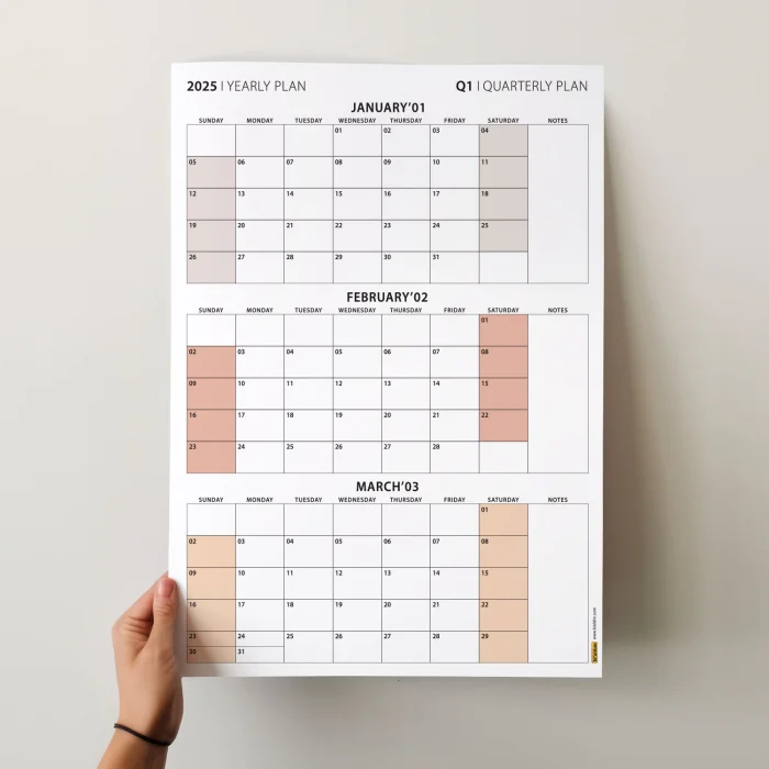 Amerikan Standardı Takvim, Üç Aylık Planlayıcı 2025 Duvar Takvimi Seti, 90 Günlük Planlama, 2025 Duvar Planlayıcı Takvim, Pazar Günü Başlangıçlı Takvim - 50x70cm