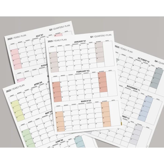 Amerikan Standardı Takvim, Üç Aylık Planlayıcı 2025 Duvar Takvimi Seti, 90 Günlük Planlama, 2025 Duvar Planlayıcı Takvim, Pazar Günü Başlangıçlı Takvim - 35x50cm