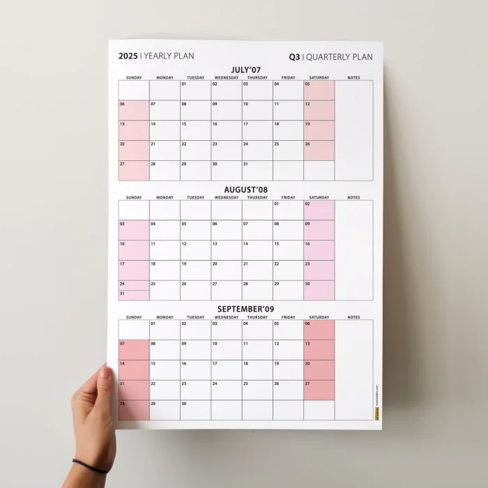 Amerikan Standardı Takvim, Üç Aylık Planlayıcı 2025 Duvar Takvimi, Temmuz - Eylül 2025, 90 Günlük Planlama, Yılın Üçüncü Çeyreği Takvimi, Pembe Takvim, Pazar Günü Başlangıçlı Takvim - 35x50cm