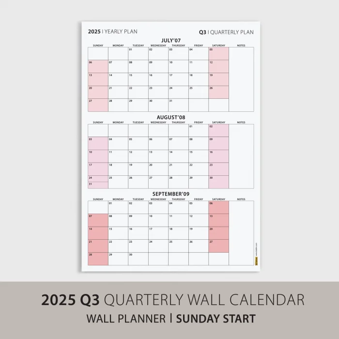 Amerikan Standardı Takvim, Üç Aylık Planlayıcı 2025 Duvar Takvimi, Temmuz - Eylül 2025, 90 Günlük Planlama, Yılın Üçüncü Çeyreği Takvimi, Pembe Takvim, Pazar Günü Başlangıçlı Takvim - 35x50cm
