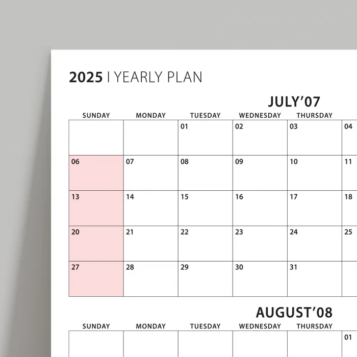 Amerikan Standardı Takvim, Üç Aylık Planlayıcı 2025 Duvar Takvimi, Temmuz - Eylül 2025, 90 Günlük Planlama, Yılın Üçüncü Çeyreği Takvimi, Pembe Takvim, Pazar Günü Başlangıçlı Takvim - 50x70cm