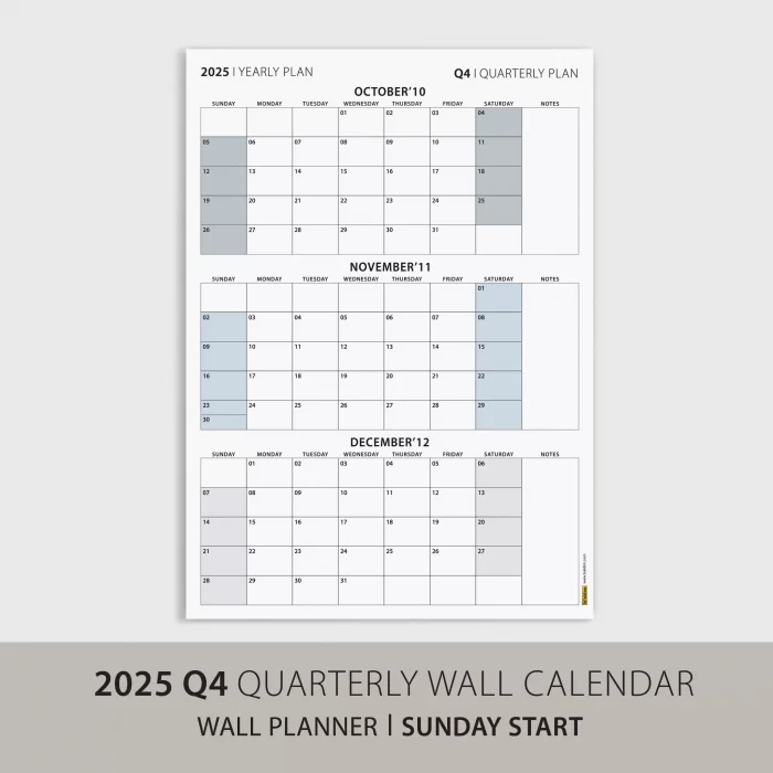 Amerikan Standardı Takvim, Üç Aylık Planlayıcı 2026 Duvar Takvimi, Ekim - Aralık 2026, 90 Günlük Planlama, Yılın Dördüncü Çeyreği Takvimi, Gri Takvim, Pazar Günü Başlangıçlı Takvim - 70x100cm