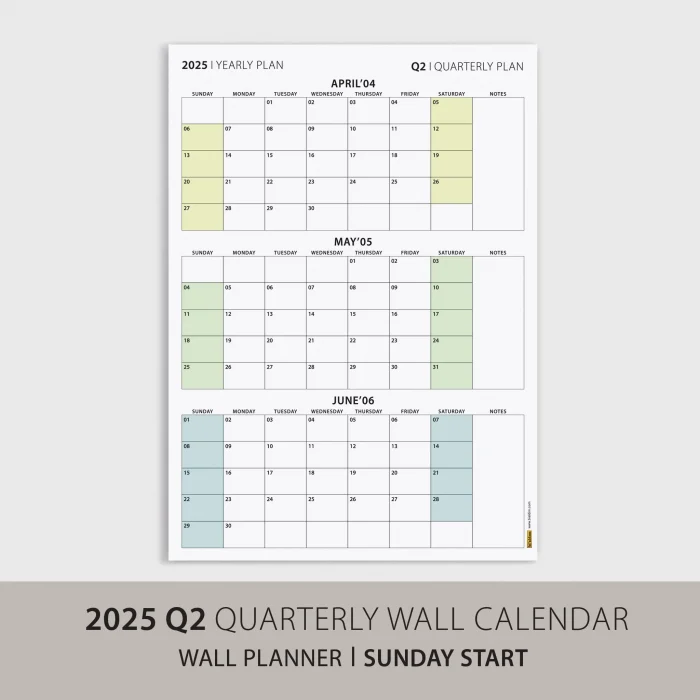 Amerikan Standardı Takvim, Üç Aylık Planlayıcı 2026 Duvar Takvimi, Nisan - Haziran 2026, 90 Günlük Planlama, Yılın İkinci Çeyreği Takvimi, Yeşil Takvim, Pazar Günü Başlangıçlı Takvim - 50x70cm